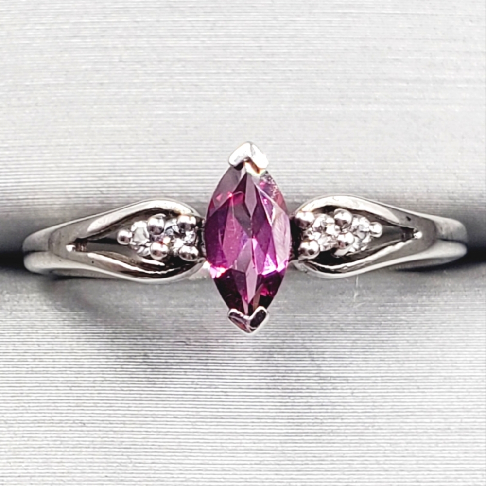 Genuine Marquise Amethyst & Round Zircon 925 Sterling Silver Dainty Ring